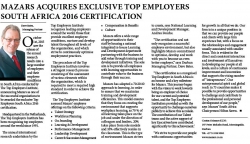 KZN Business Sense - MAZARS ACQUIRES EXCLUSIVE TOP EMPLOYERS SOUTH AFR ICA 2016 CERTIFICAT ION Dave Bates, Managing Partner