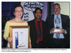KZN Top Business Awards - Partnership Award:Natalie Keegan (Regional Community Relations Co-ordinator SA), Veeash Oomardath (Production Engineer), Neels Oosterhuis (Regional General Manager SA)