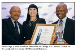 SLG Business Personality of the Year 2016:Anant Singh (CEO Videovision Entertainment Group), MEC Belinda Scott (KZN Treasury), and SLG Group CEO Nkosinathi Solomon