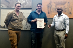 Corobrik - 27th Corobrik Architectural Student Of The Year Awards:from left, Henry Pretorius (UFS), Wynand Viljoen (Regional Winner) and Thomas Dlengezele (Corobrik).